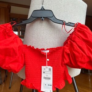 Zara Bold Red Smocked Blouse